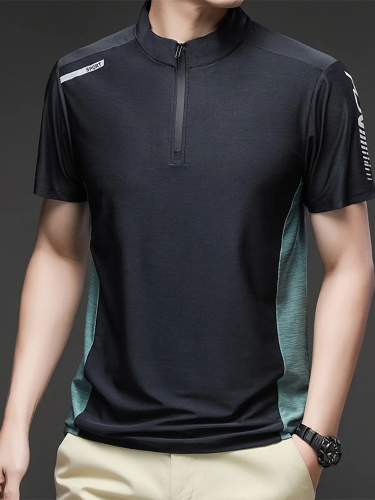 

Мужская летняя тонкая спортивная футболка из ледяного шелка с коротким рукавом, быстросохнущая, для фитнеса и бега, с молнией, облегающая, повседневная