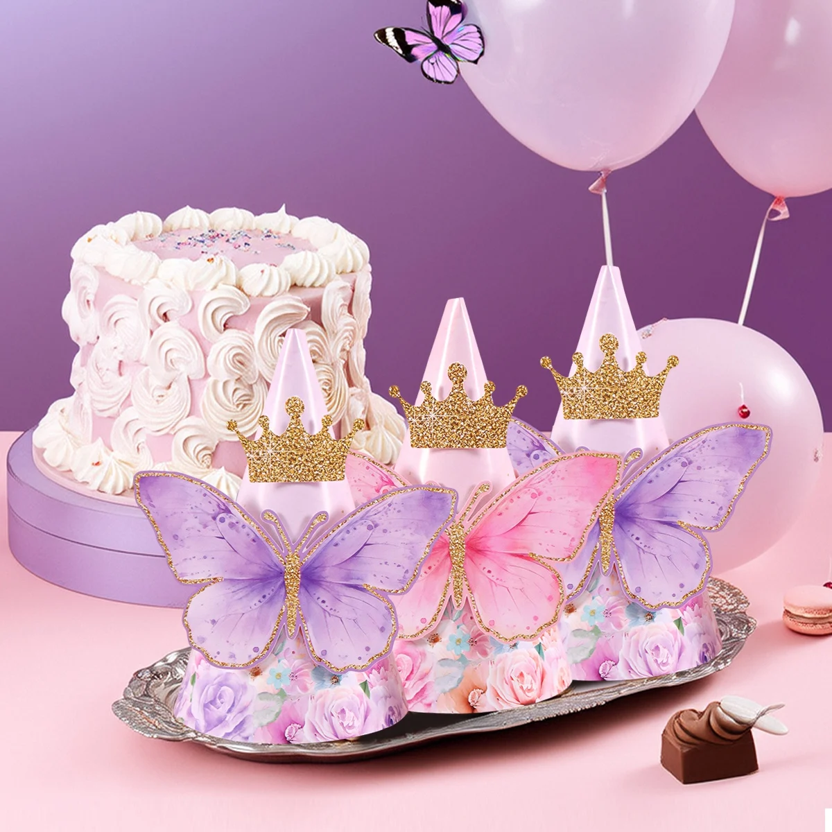 6pcs Mixed Pink Purple Butterfly Party Hats with Elastic String Paper Birthday Hat with Butterfly Stickers for Girls Photo Props view 4