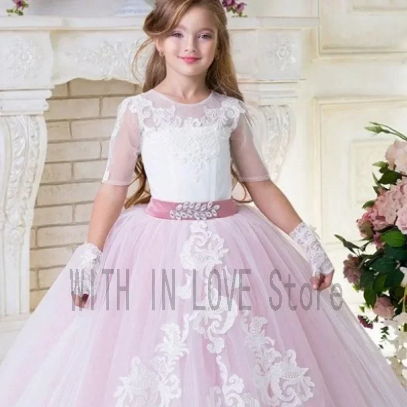 

Custom Made Flower Girl Dress Pink Vintage Half Sleeve Lace Baby Girl Princess Wedding Birthday Party First Communion Dress