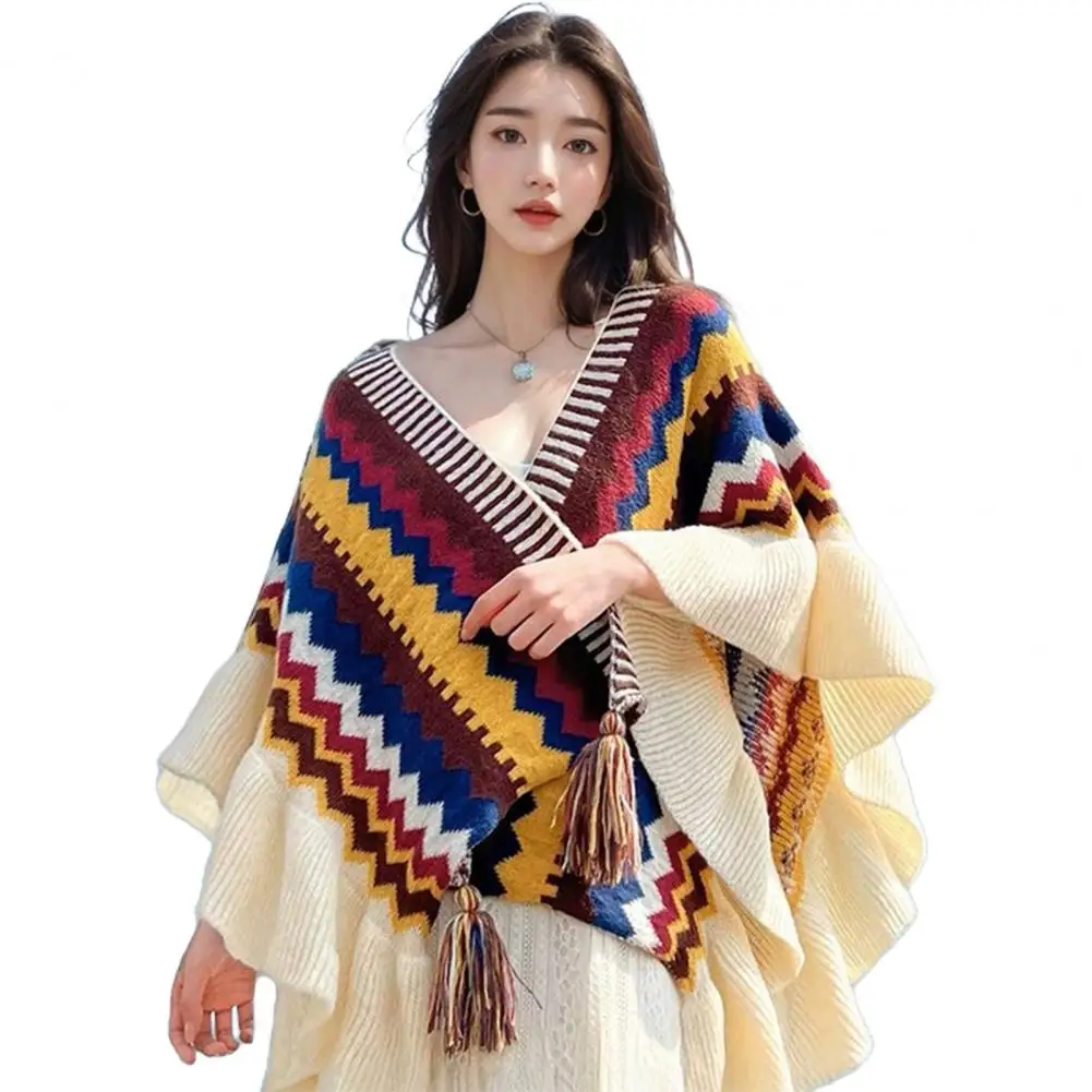 Vintage Harajuku Gestrickte Decke Schals Schals Damen Warmer Schal Wraps Fransen Cape Winter Strickjacke Pullover Vorne Offen Ponchos