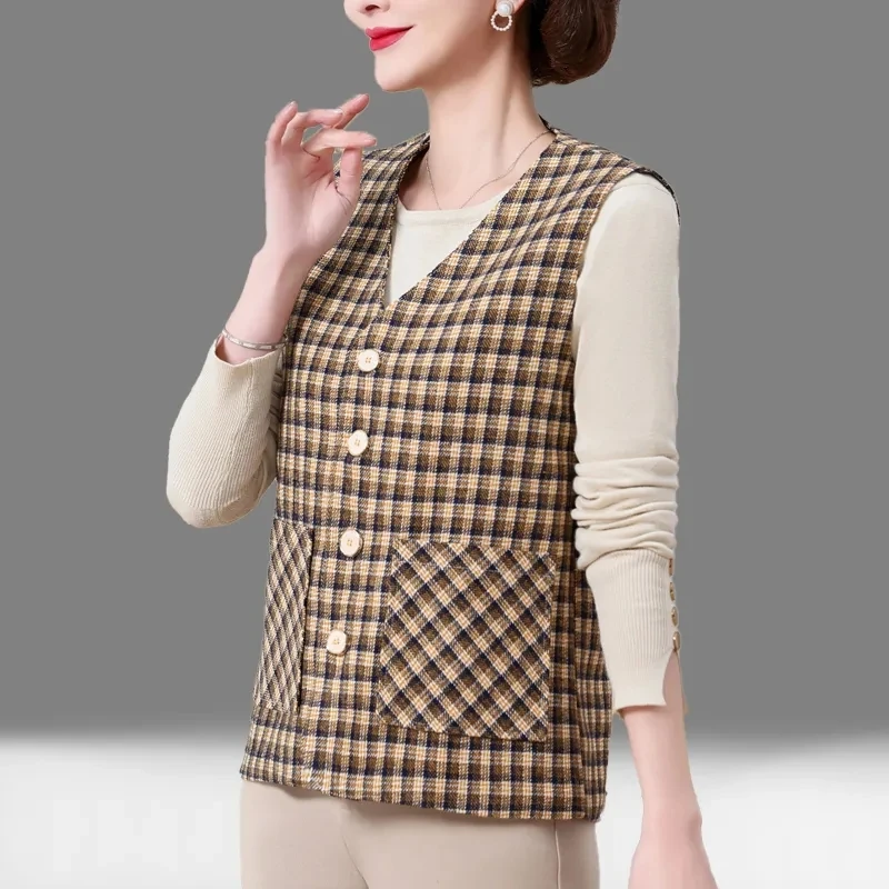 2024 Spring And Autumn Women's Thin Plaid Vest Fashion Short Vest Comfortable Single-Breasted Short Slim Outer Comfortable Cover