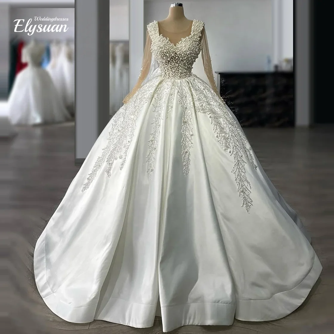 Robe De mariée princesse personnalisée, effet d'illusion, col, manches longues, avec des appliques De perles, robes De mariée pour fête De mariée