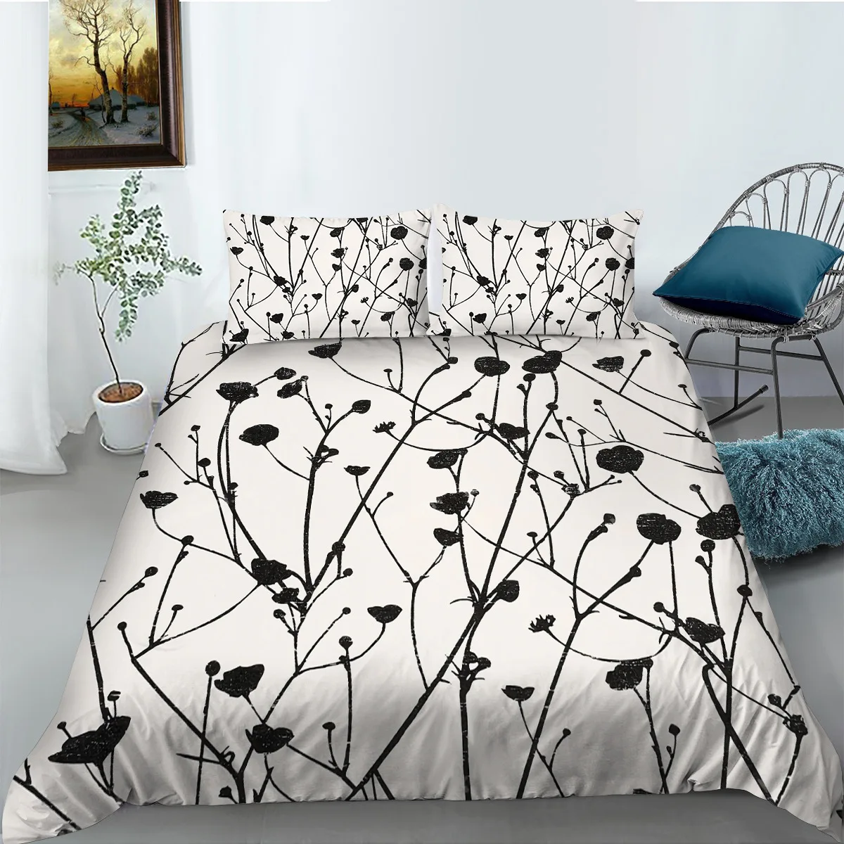 

Branches Pattern Printed Duvet Cover King/Queen Size,black Branches and Flower Buds Print Soft Polyester Comforter Cover Cream