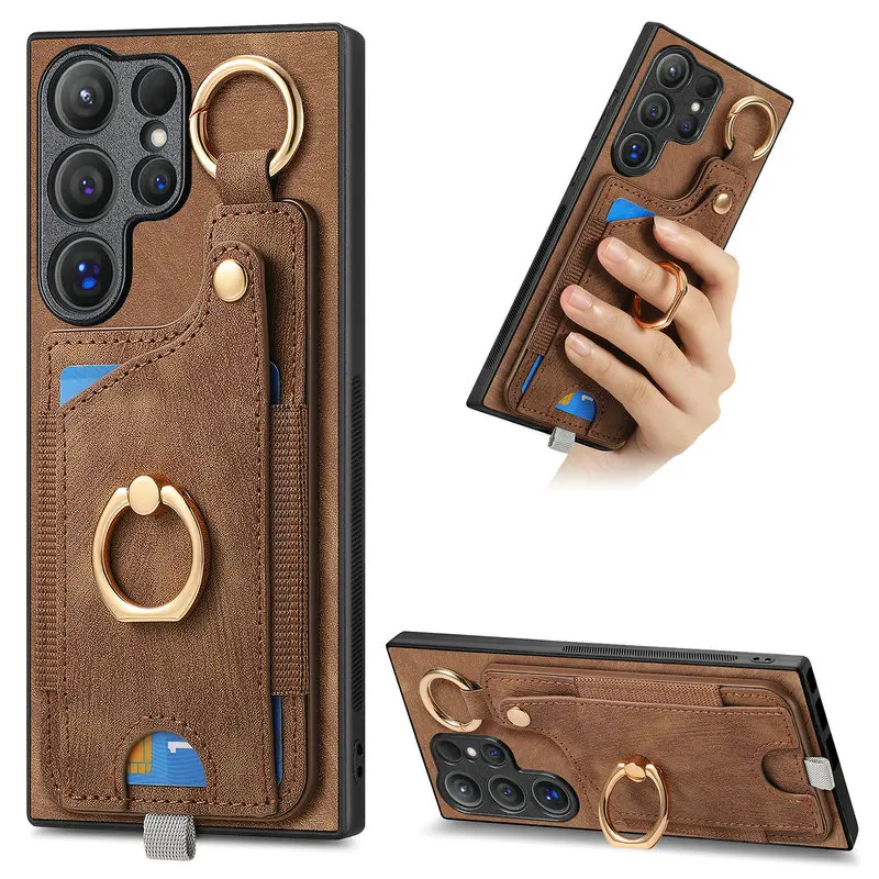 Magnetic Card Case for Samsung Galaxy S26 Ultra 5G Luxury Cover Leather Metal Ring Back Coque Samsung S24 Plus S25 S 24 FE Funda