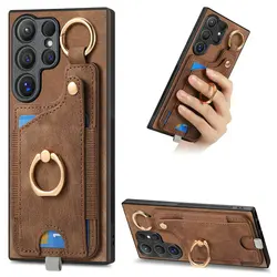Magnetic Card Case for Samsung Galaxy S26 Ultra 5G Luxury Cover Leather Metal Ring Back Coque Samsung S24 Plus S25 S 24 FE Funda