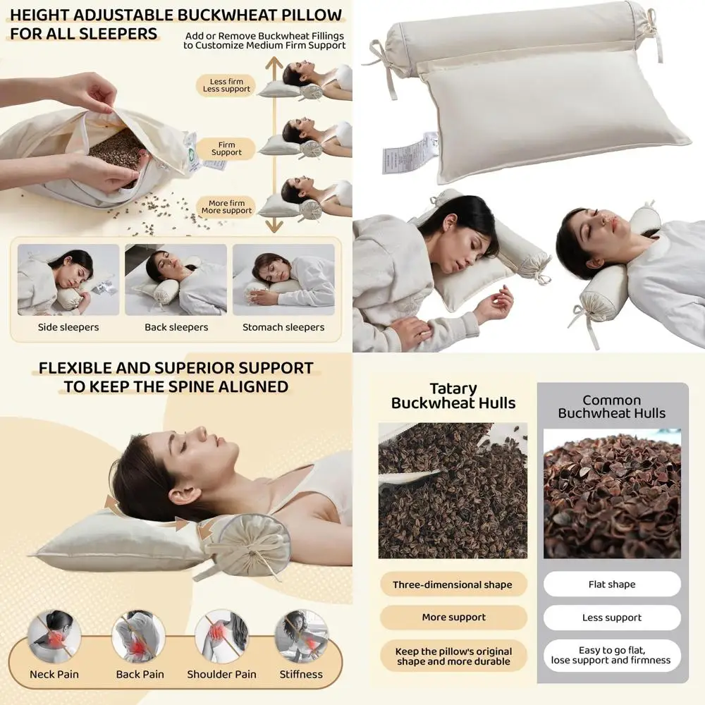 

Регулируемая подушка из гречневой корпуса для поддержки шеи — чехол 2-в-1, чехол из органического хлопка, идеально подходит для всех позиций сна