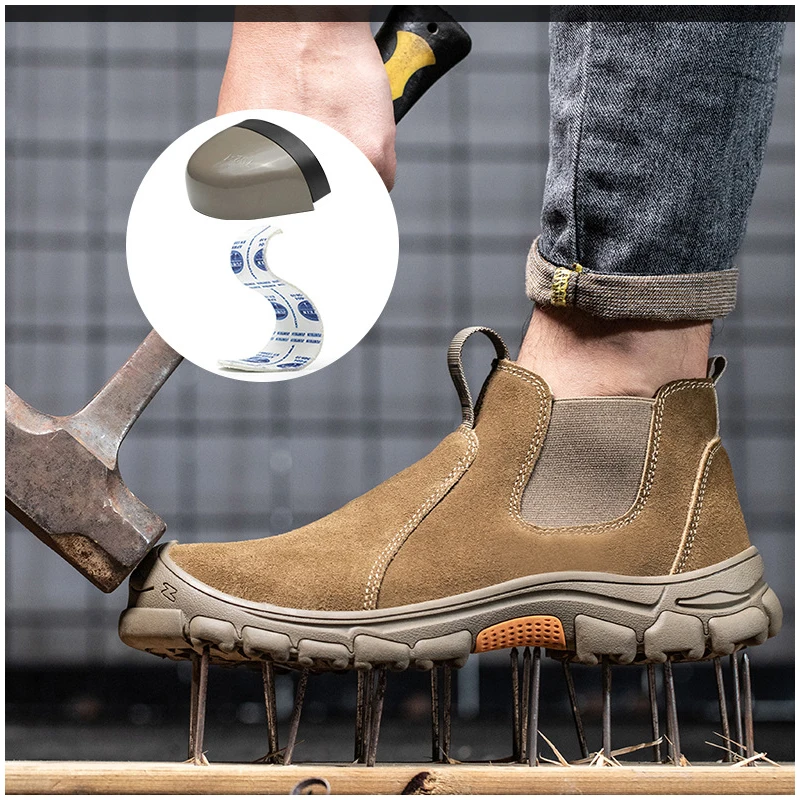 men's fashion steel toe covers safety boots slip-on working shoes cow suede leather welding ankle botas worker footwear protect