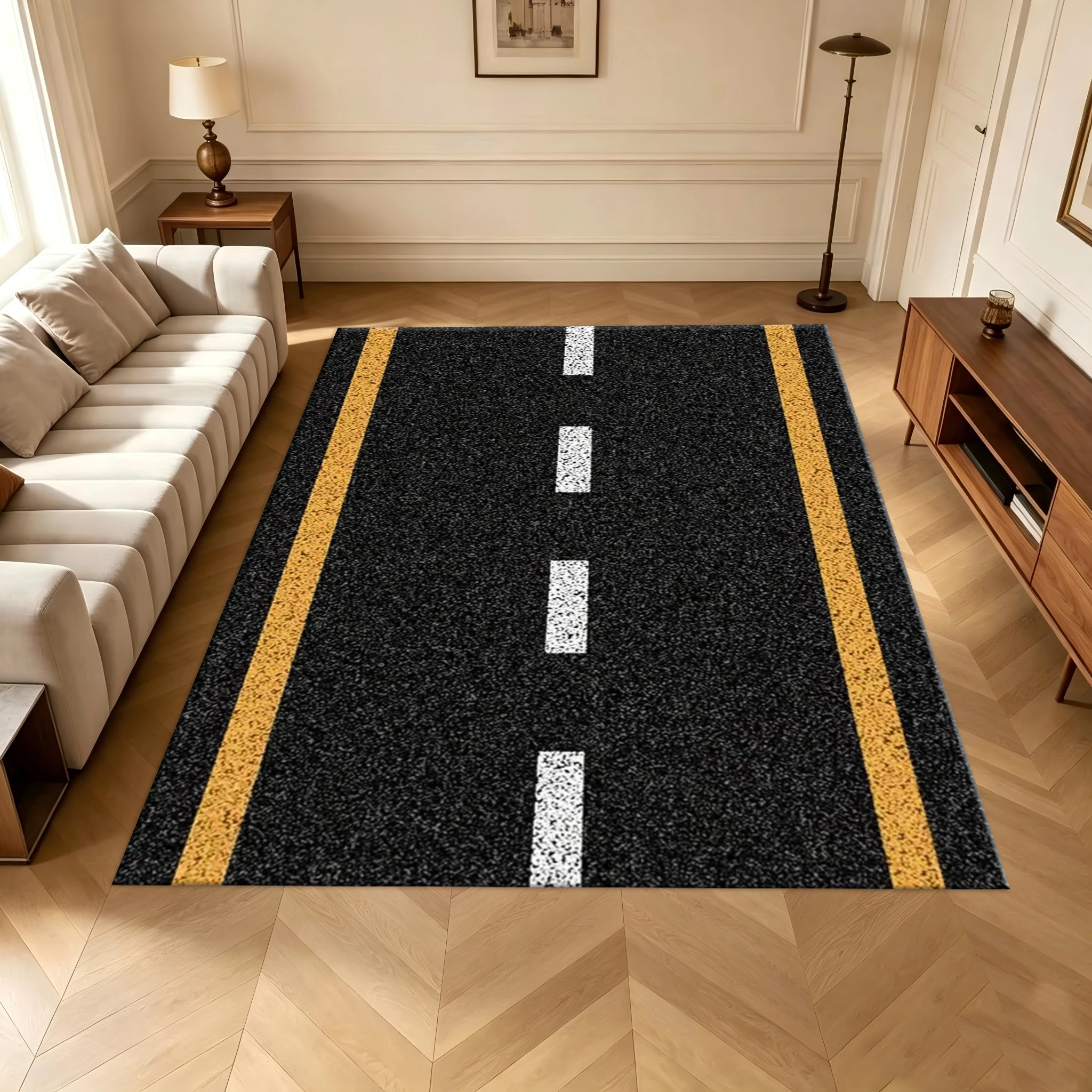 Asphalt Road Marking Print Carpet Black Pavement Floor Mat Home Decoration Carpet