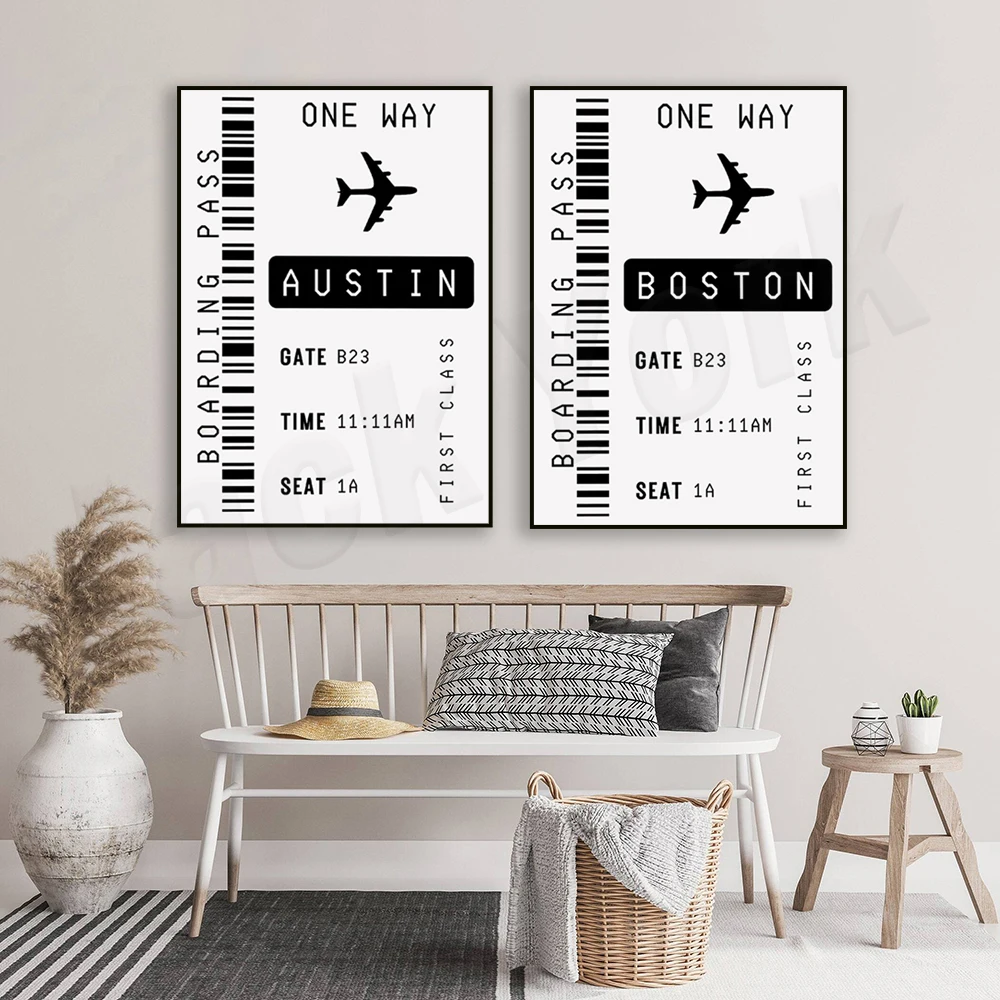 Boarding pass Austin Texas, Boarding pass Boston Massachusetts minimal art, Texas print, Boston, Austin travel typographic poste