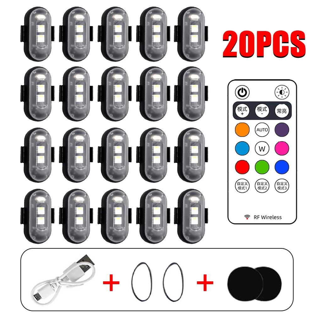 20pc Motorcycle Flashing Light Colorful Aircraft Wireless Remote Control Flash Warning UAV Strobe Signal Light For Car Moto Bike