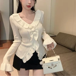 Lotus Leaf Edge Knitted Sweater for Women Pure Desire French V-neck Top Base Shirt Flared Sleeve Sweater