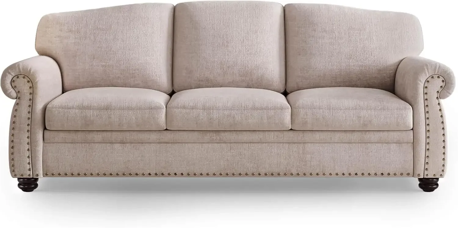 90 Inch Nailhead Trim Couches For Living Room, 23"" Deep Seat Rolled Arm Sofa, Upholstered 3 Seater Sofa, Chenille Couch