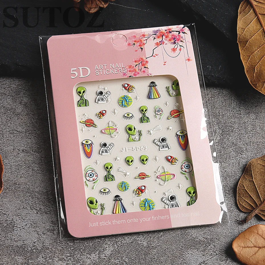 5D Aliens Astronaut Embossed Nail Stickers Green Alien eyes Astronaut Design Cute Interstellar Style Nail Art Decor #LEJI-5D63