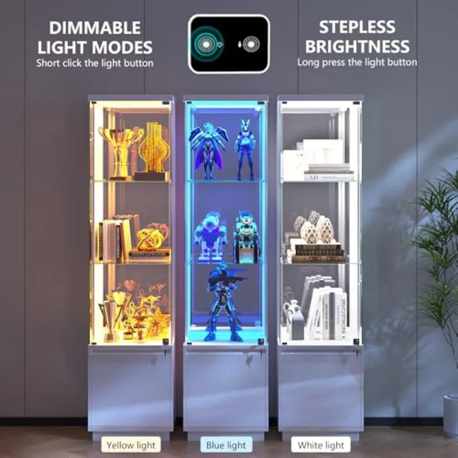 Corner Display Cabinet for Living Room Use, Made of MDF with Tempered Glass Doors and 3-Color LED Lights for Adjustable Ambient view 3