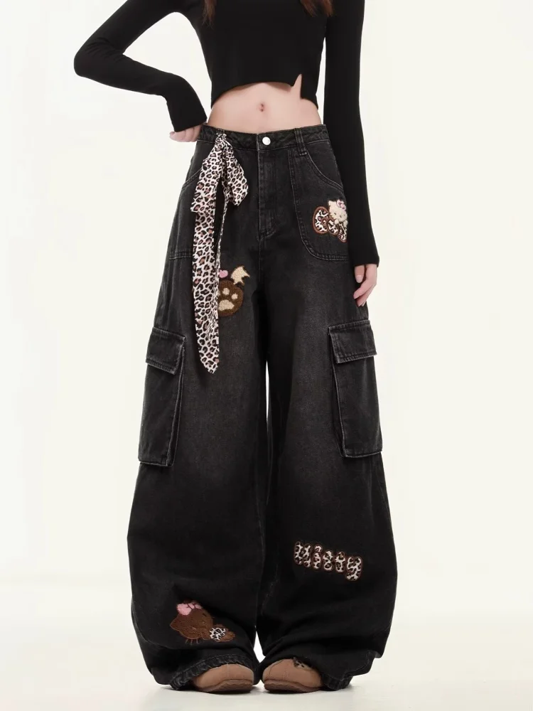 Celana Jeans Cargo Wanita Model Baggy Patchwork Leopard Cyber Y2K 2025, Celana Panjang Katun Hitam Dicuci