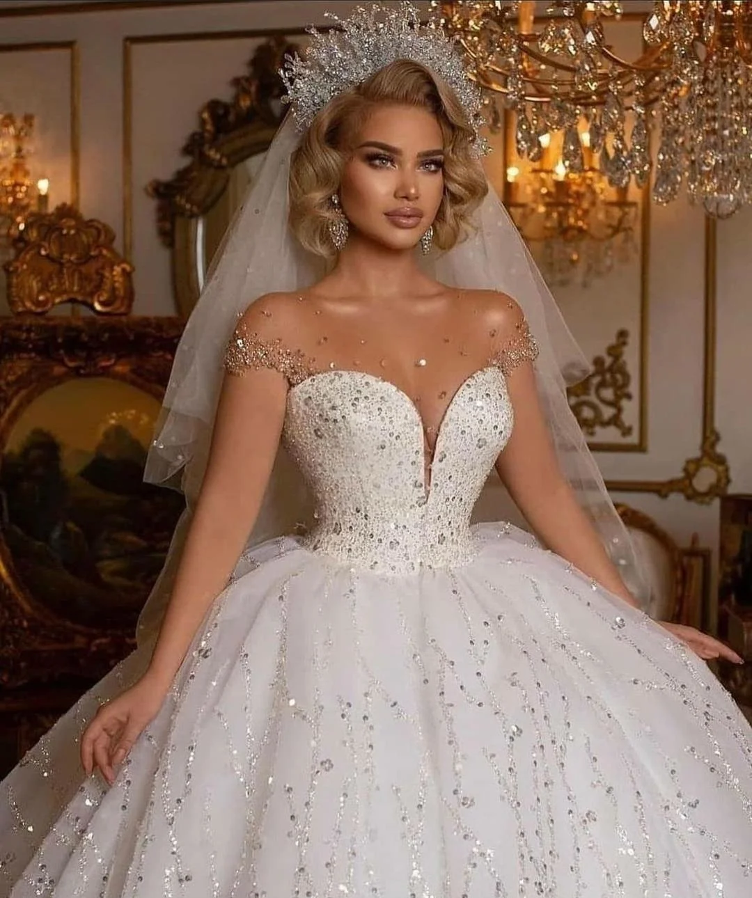 Vestido De novia De lentejuelas De lujo para mujer, vestido De baile De princesa, tul transparente con cuentas De corazón, manga De casquillo, vestidos De novia