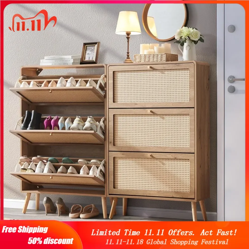 

Rattan Shoe Cabinet with 3 Flip Drawers Set of 2, 48 Pairs Shoe Storage for Entryway Freestanding Hidden Shoe Rack