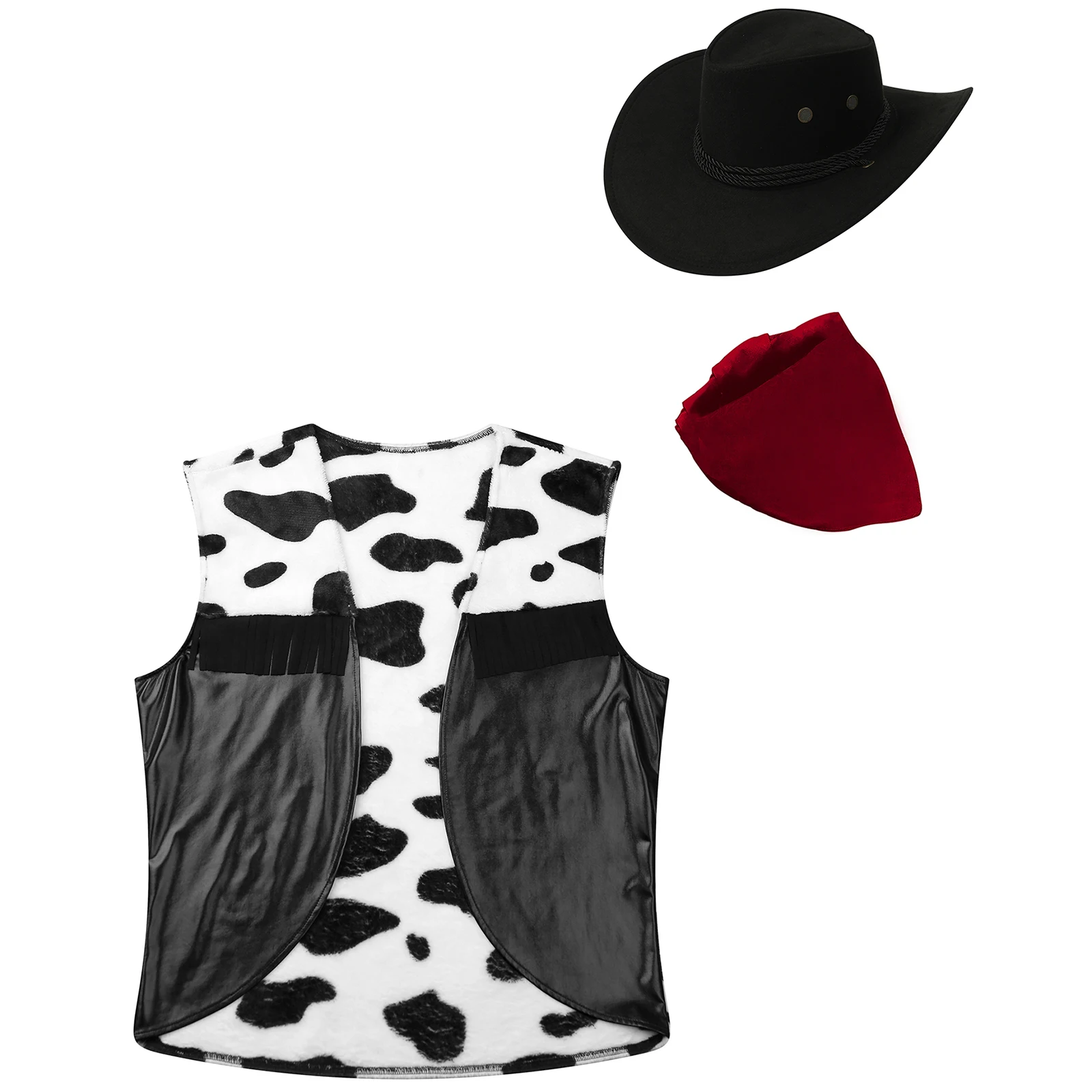 Mens Western Cowboy Cosplay Vest Cow Print Flannel Spliced Cardigan Open Front Tassel Waistcoat Outerwear Halloween Costumes