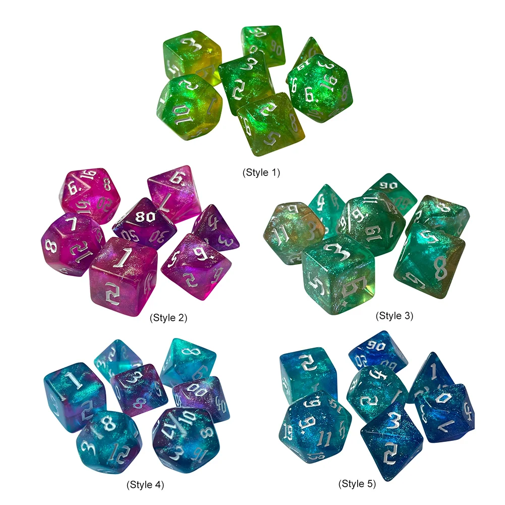 7Pcs Glitter DND Dice Starlight Effect Magic Dice Set Retro Font Styles Transparent RPG Dice Party Desktop Entertainment