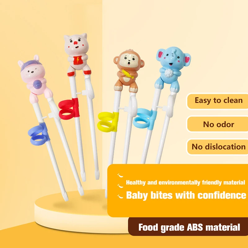 Palillos de aprendizaje para bebés, palillos de animales de dibujos animados para principiantes, vajilla de silicona ABS, entrenamiento de comer para niños