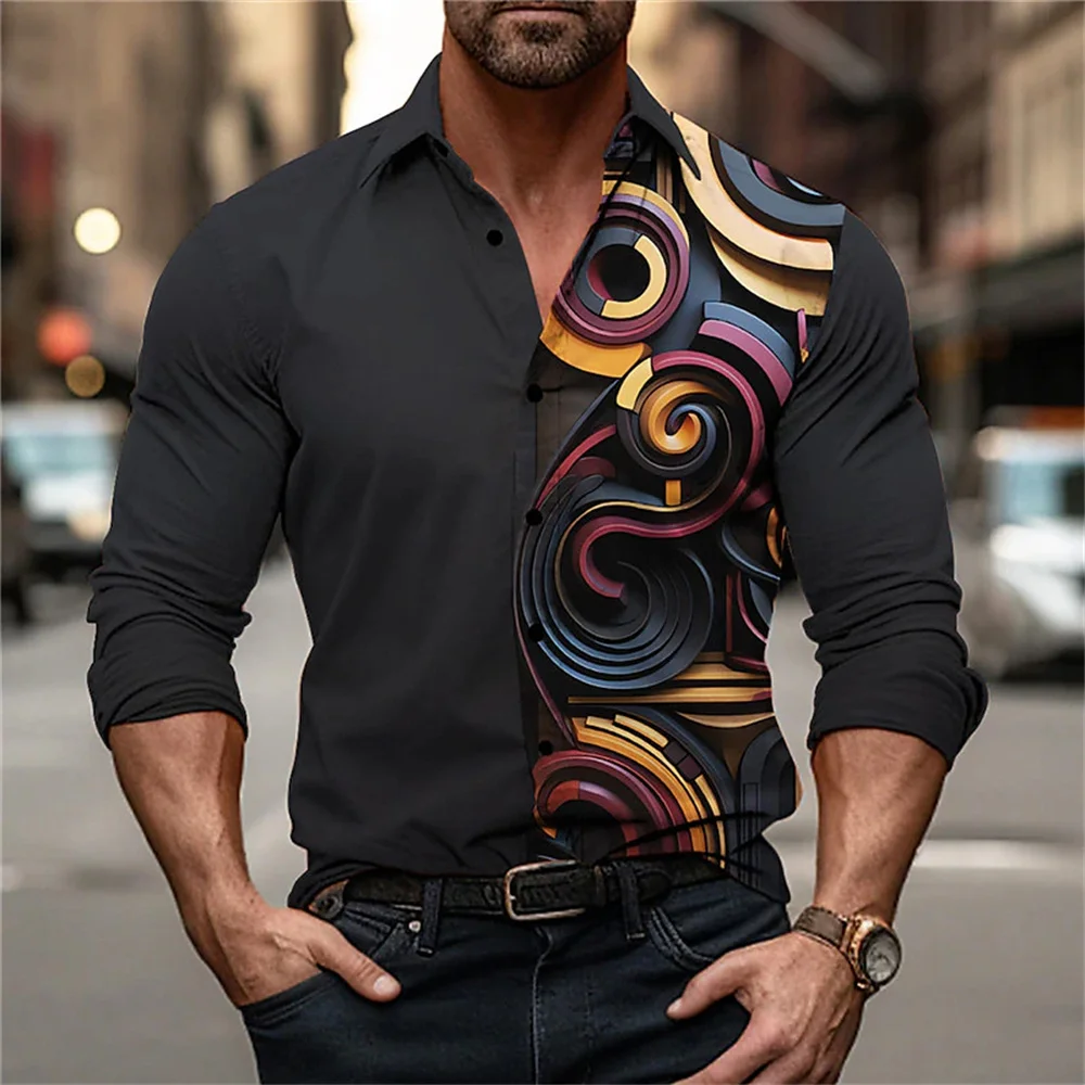 2024 Men's Fashion Polo Collar Button Long sleeved Shirt Spring Creative Flower Print Designer Design Comfortable Men's Clothing