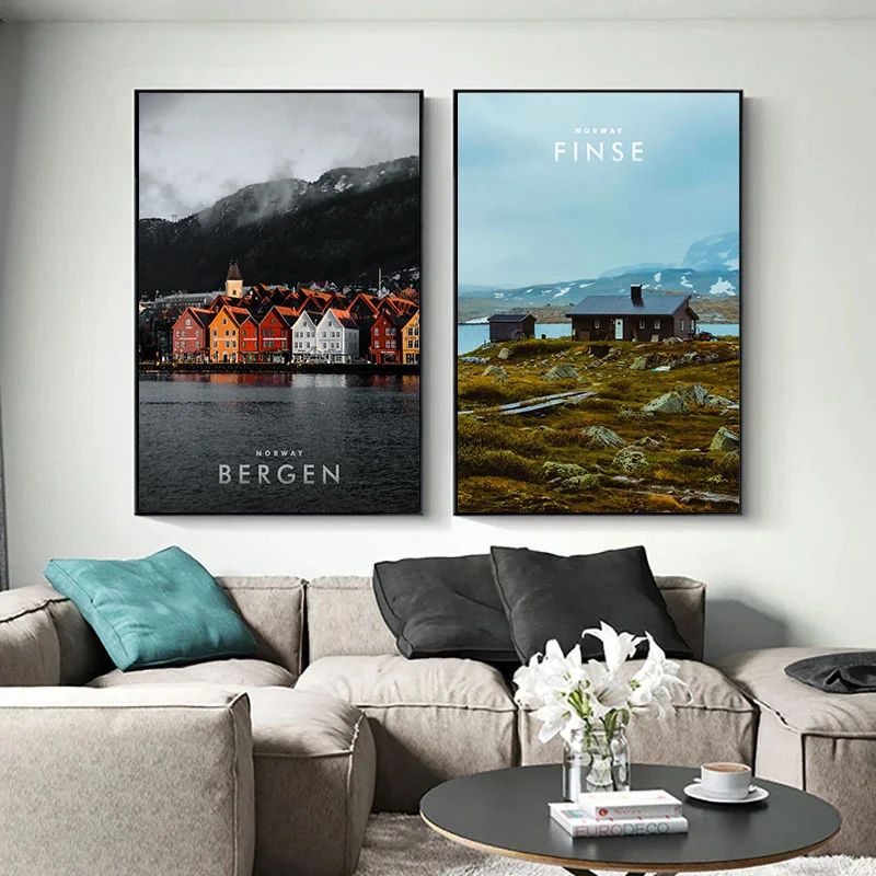 ภาพทิวทัศน์เมืองธรรมชาติอันงดงามจิตรกรรมฝาผนังนอร์เวย์แผ่นเกล็ดเกล็ดหิมะของเมืองเบอร์เก้นภาพพิมพ์ผ้าใบสำหรับตกแต่งบ้าน