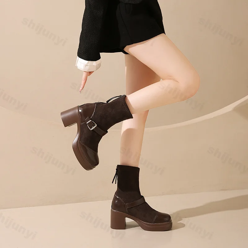 Women Suede Autumn Winter High Heel Boots Height Increasing Metal Buckle Party Shoes Round Head Splicing Chunky Heels Boots image 5
