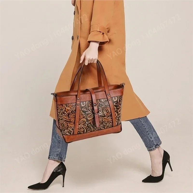 Yao Dong 2024 nuevos bolsos de gran capacidad para mujer de cuero genuino tallado a mano bolso Vintage para mujer bolsos de hombro hechos a mano