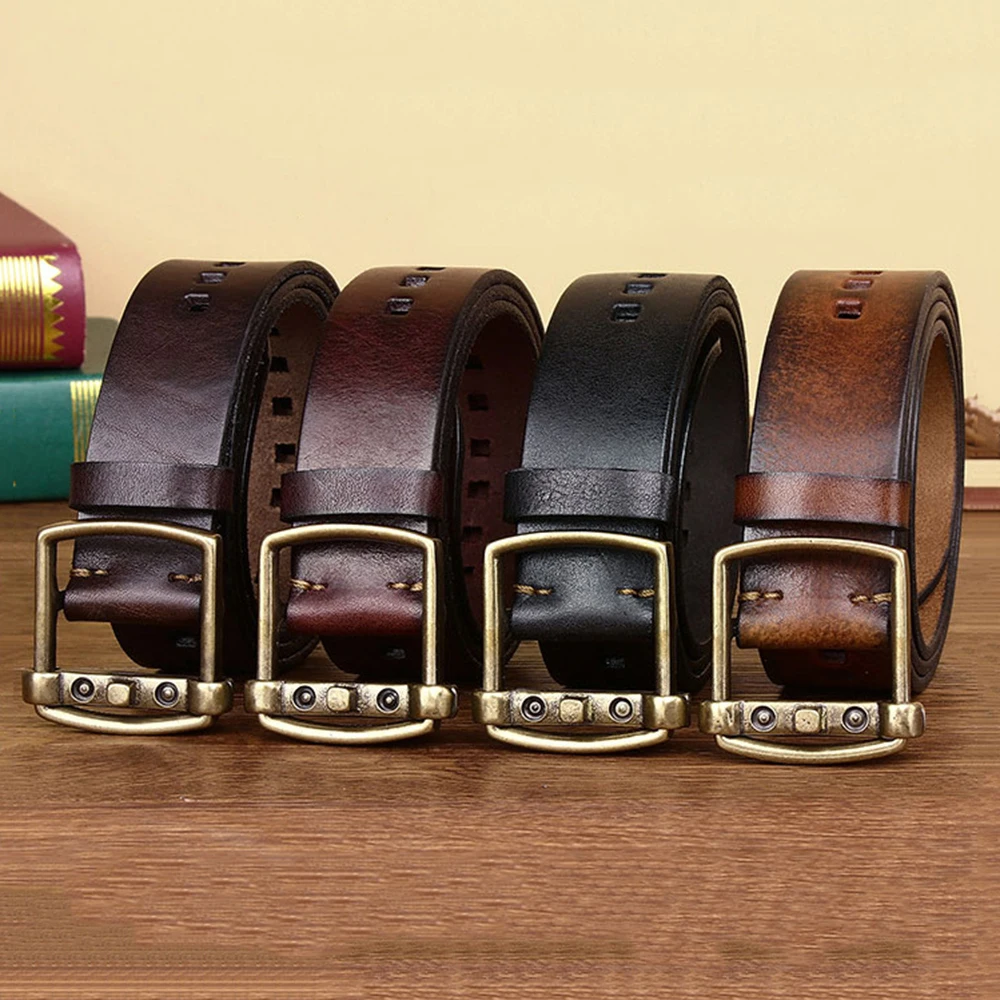 HIDUP 4.0cm Wide 100% Pure Solid Cowhide Leather Brass Pin Buckle Belts for Men Jeans Accessories