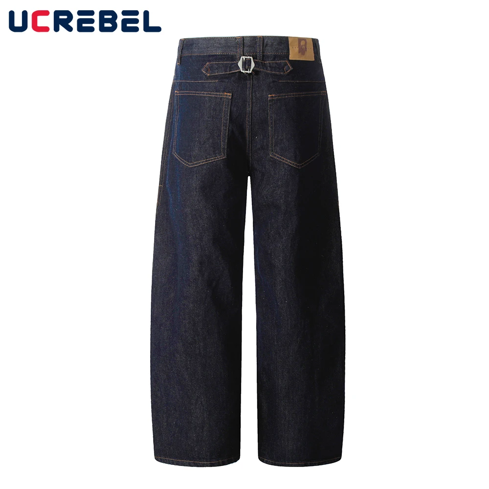 Washed Dark Jeans Mens Top Stitch High Street Retro Pocket Loose Wide Leg Denim Pants Men Trousers