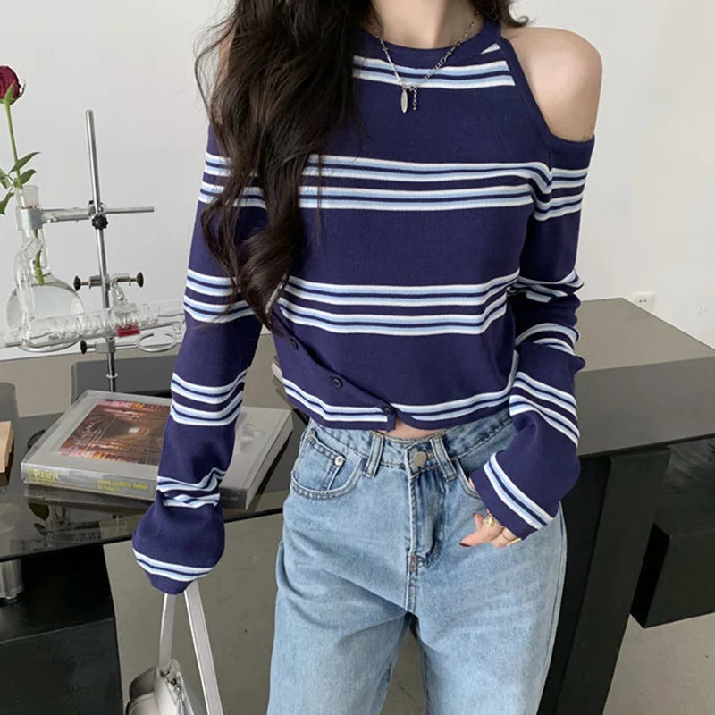 

Korean Style Fashion Sweet Off Shoulder Striped Long Sleeved Knitwear T-shirt Spring/Autumn New Retro Casual Popular Women's Top