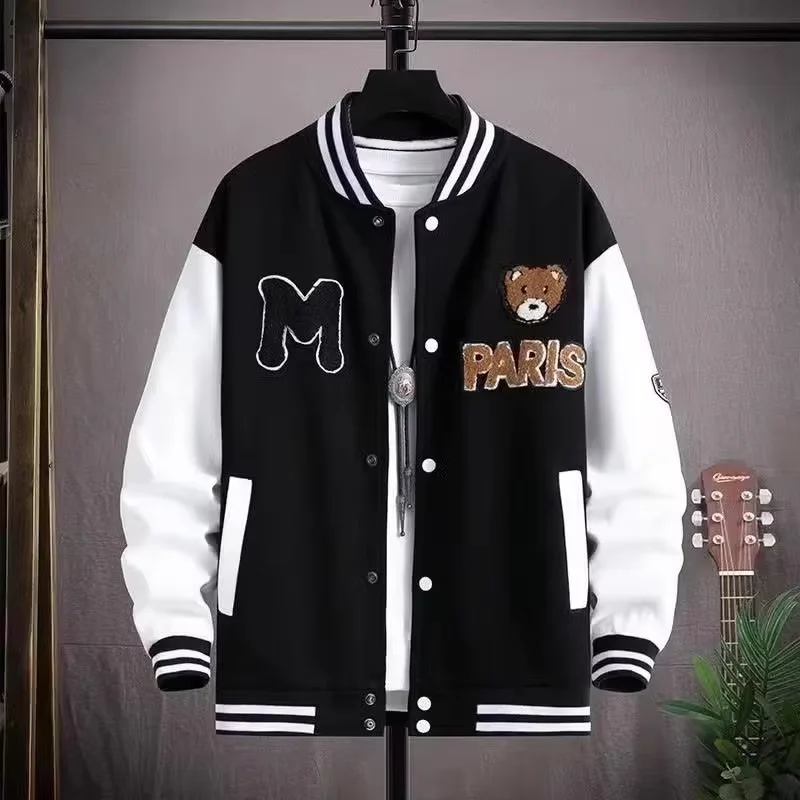

Letter Embroidery Cartoon Bear Men's Windbreaker Baseball Jacket Korean Style Harajuku Hip-Hop Streetwear Button College Jacket