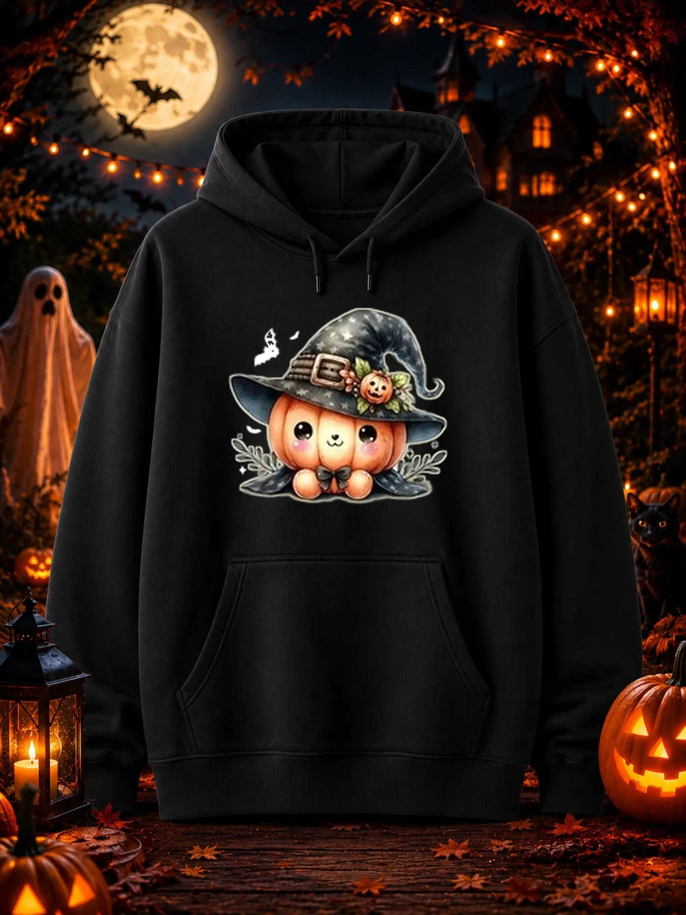 Men's Printed Hoodie with Cute Pumpkin Character Featuring Large Glittery Eyes and Blush, Wearing a Star-Spotted Witch Hat, Halloween Special Edition Retro Street Style Sweatshirt, Trendy Casual Autumn Outfit