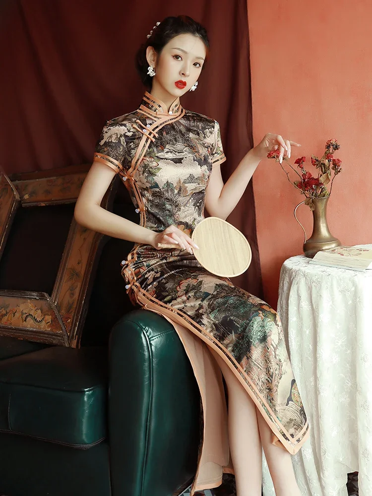 Old Shanghai beach cheongsam woman double-layer long retro Republic of China style young elegant daily can wear dress