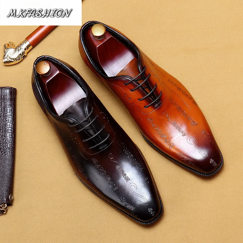 Men Business Formal Cowhide Leather British Carved Oxford Shoes Pointed Toe Lace Up Flats Wedding Footwear