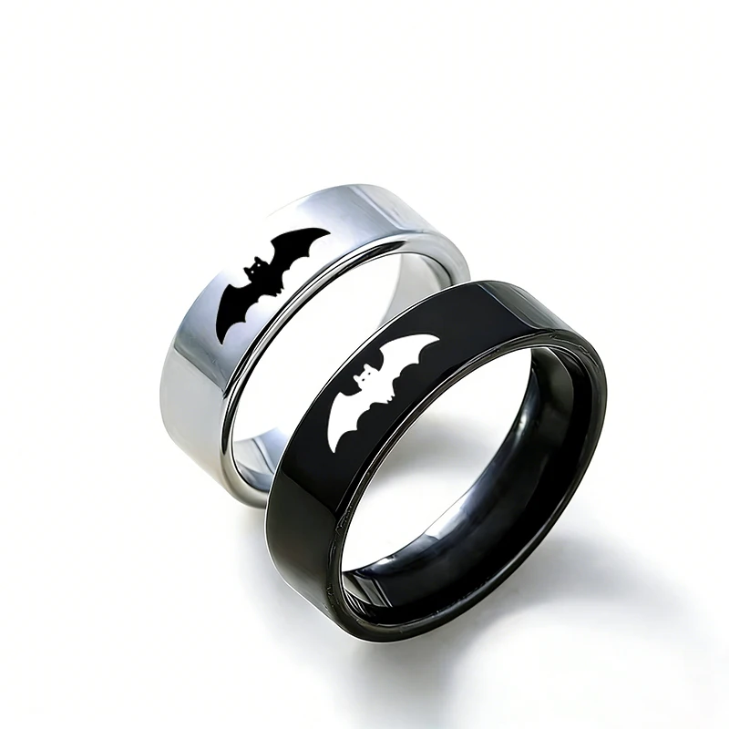 2-teiliges schwarz-silberfarbenes Edelstahl-Paarring-Set für Paare, Punk, Spinne, Fledermaus, Ring-Set, Valentinstagsgeschenk, Hip-Hop-Schmuck
