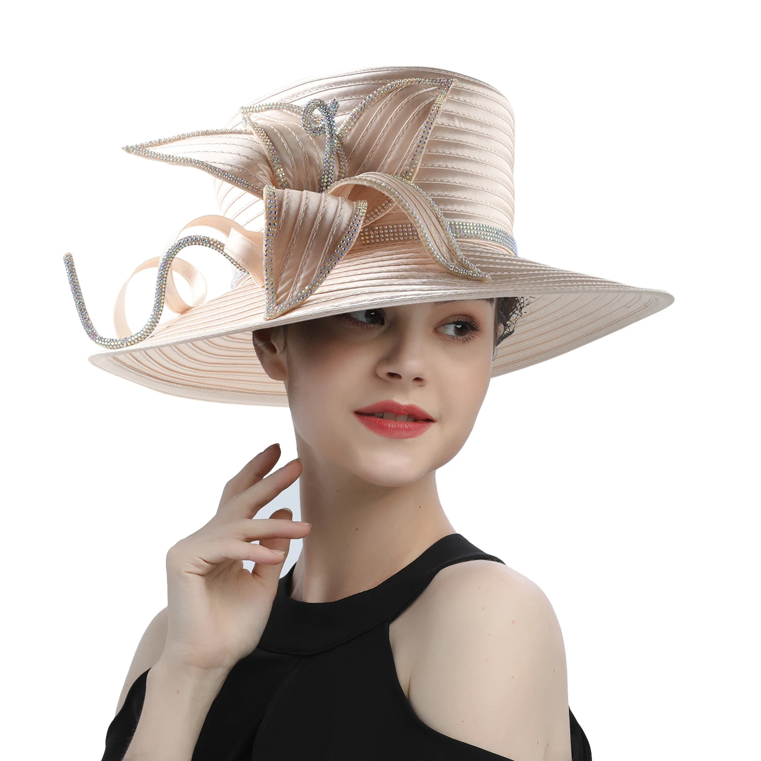 Champagne Color Satin Cloth Church Hat Deluxe Elegant Photography Hat Beauty Fancy Formal Flower Fascinator Top Hat Female