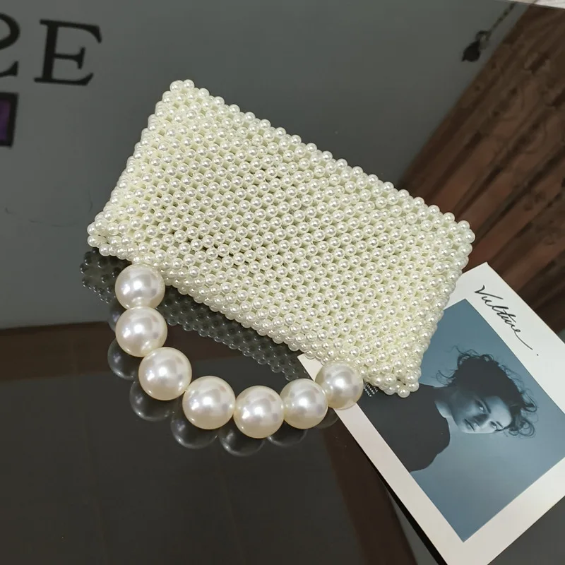 Handmade Trendy Handbags Fantasy Pearl Bead Woven Vacation Travel Seaside Versatile Big Round Pearl Handle Bags for Women