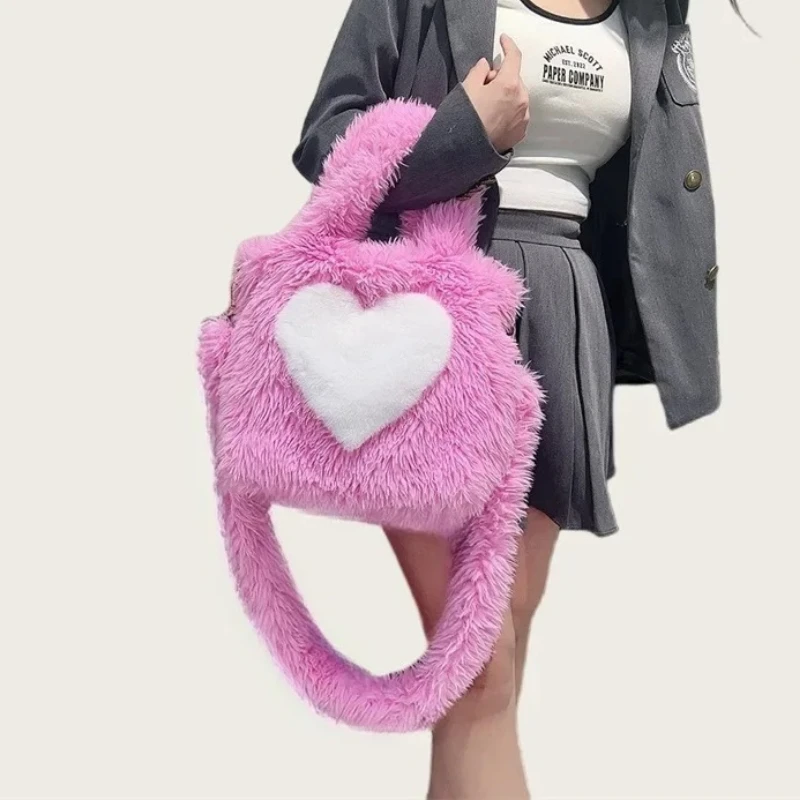 

Женская плюшевая сумка на плечо Sweet Love Heart, большая вместительная женская меховая сумка-тоут ярких цветов Y2K, популярные сумки через плечо для девочек