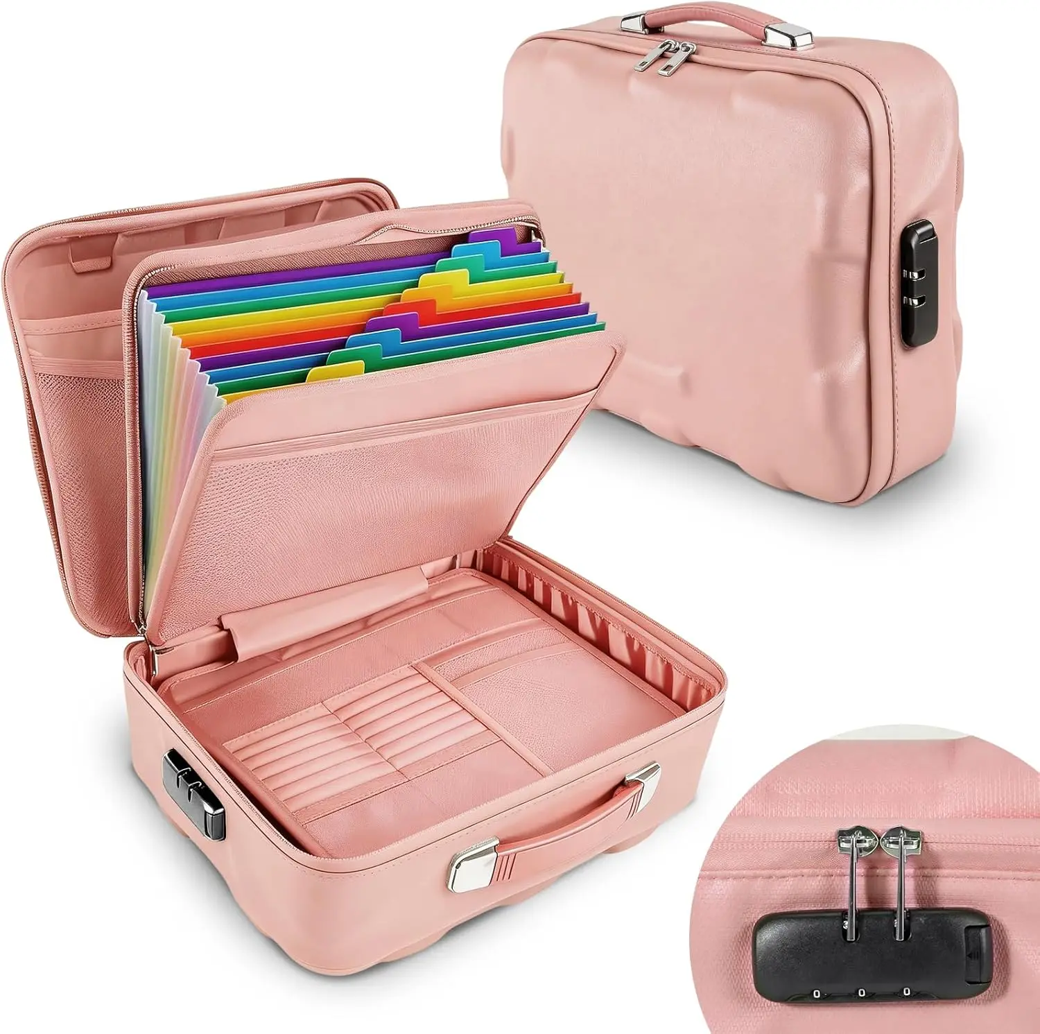 

Fireproof Document Box with Lock, 13 Pocket Accordion File Organizer, Portable Safe for Office Home, Pink