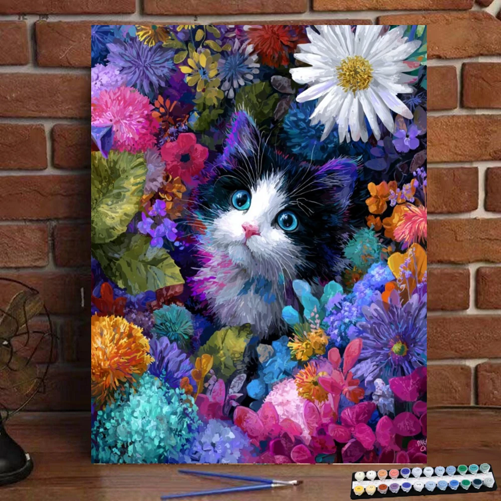 

Painting by Numbers A cat among the flowers Digital Painting Handmade Adult Children Gift Wall Decoration D