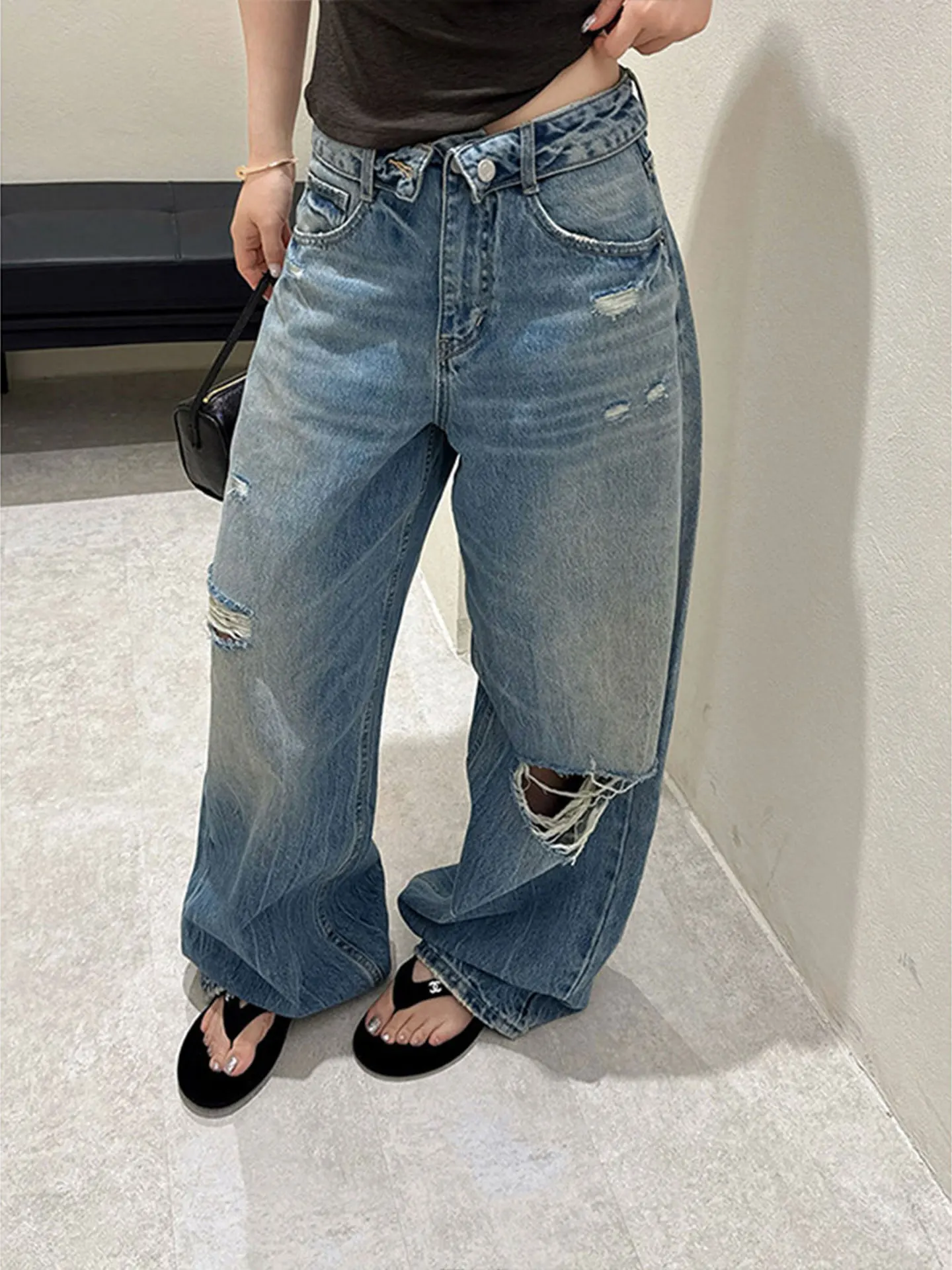 

High Waist Wide Leg Jeans Women's Summer Washed Denim Crumpled Straight Long Pants Casual Wear Resistant Blue Denim Skinnies