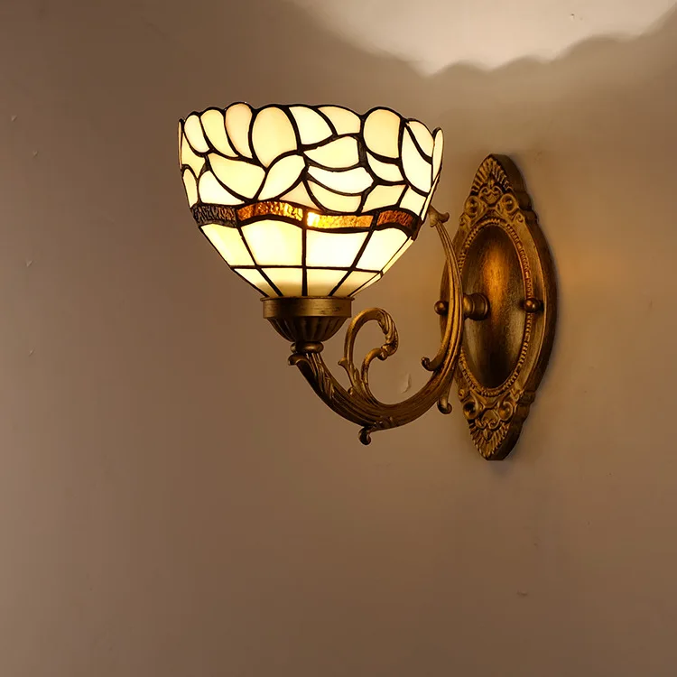 Vintage Retro Stained Glass Shade Metal Mermaid Wall Lamp with Wrought Iron Holder Warm White Light for Living Room Bar Decor