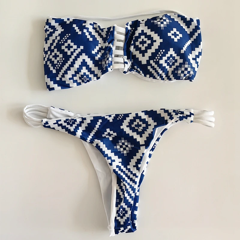 Retro Print Brazilian Swimwear European American Women Bandeau Bikini Set Strapless Bathing Suits Bandage Reversible Swimsuit