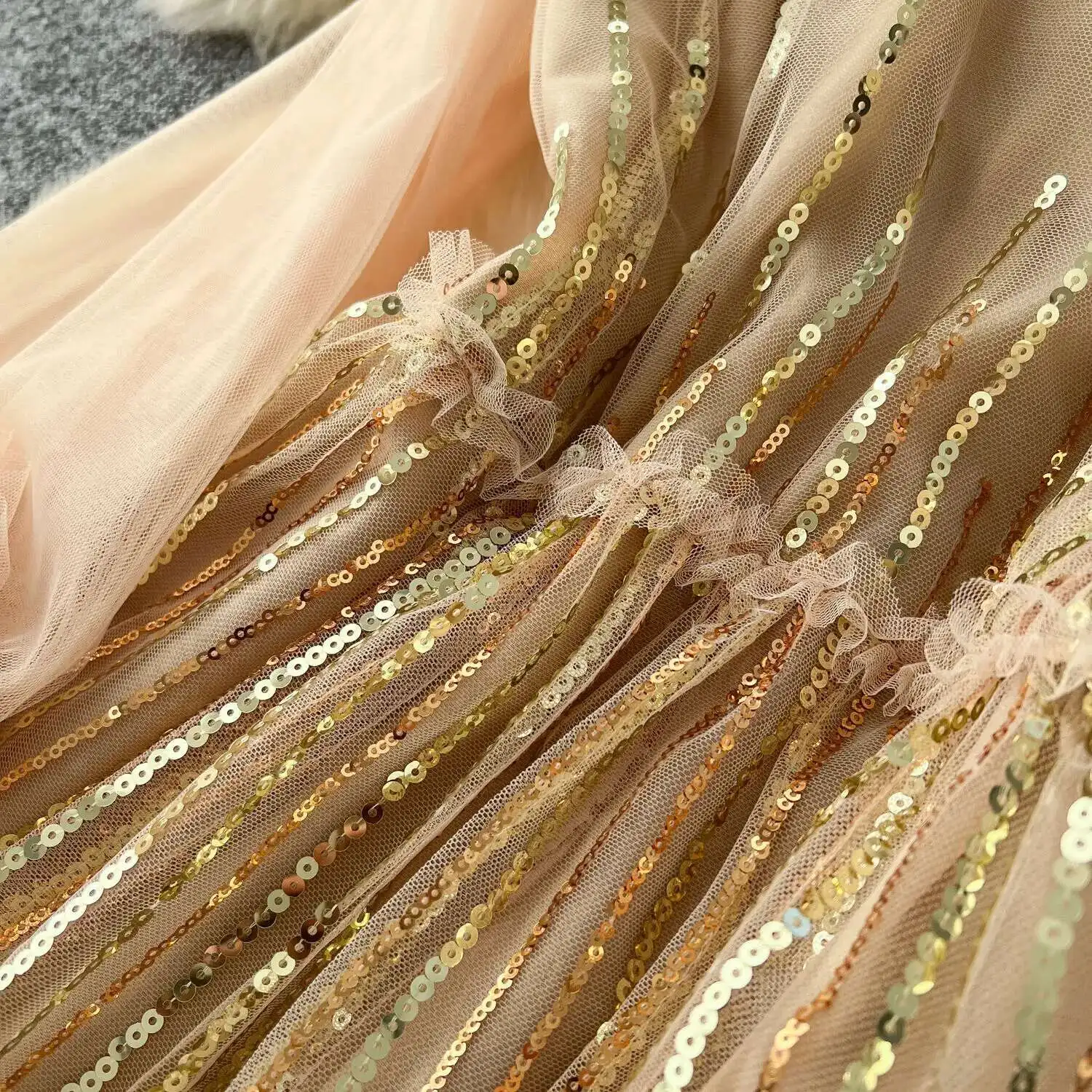 Elegante Stickerei Tüll Lange Kleider Für Frauen Sommer Urlaub Volle Hülse Mesh Gestreiften Pailletten Party Vestidos Midi Robe