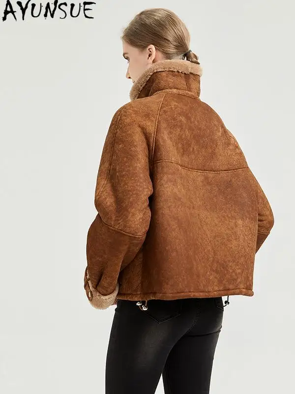 AYUNSUE 2025 ใหม่Shearlingแจ็คเก็ตผู้หญิง 100% ขนสัตว์ธรรมชาติแจ็คเก็ตผู้หญิงเสื้อผ้าMerinoแกะเสื้อขนสัตว์ผู้หญิงС