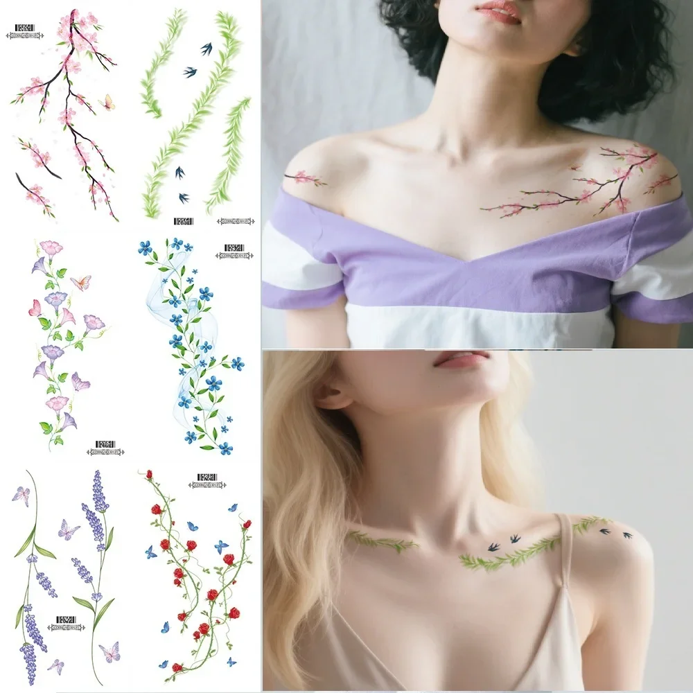 

6 Sheets Colorful Flowers Temporary Tattoos Clavicle Chest Tattoo Stickers For Women Body Waterproof Fake Tattoo Wrist Tattoo