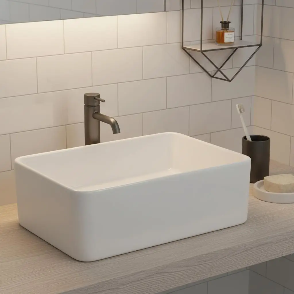 Vasque rectangulaire à poser en céramique blanche 40×30×13 cm, trou de vidange 4,5 cm. Finition brillante résistante et facile d'entretien, design contemporain adapté à la salle de bain, robinet et bonde non inclus.