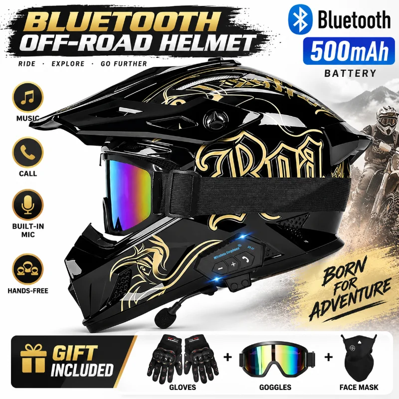 Full Face Motorcycle Helmet With Bluetooth - Casque de moto tout-terrain avec lunettes