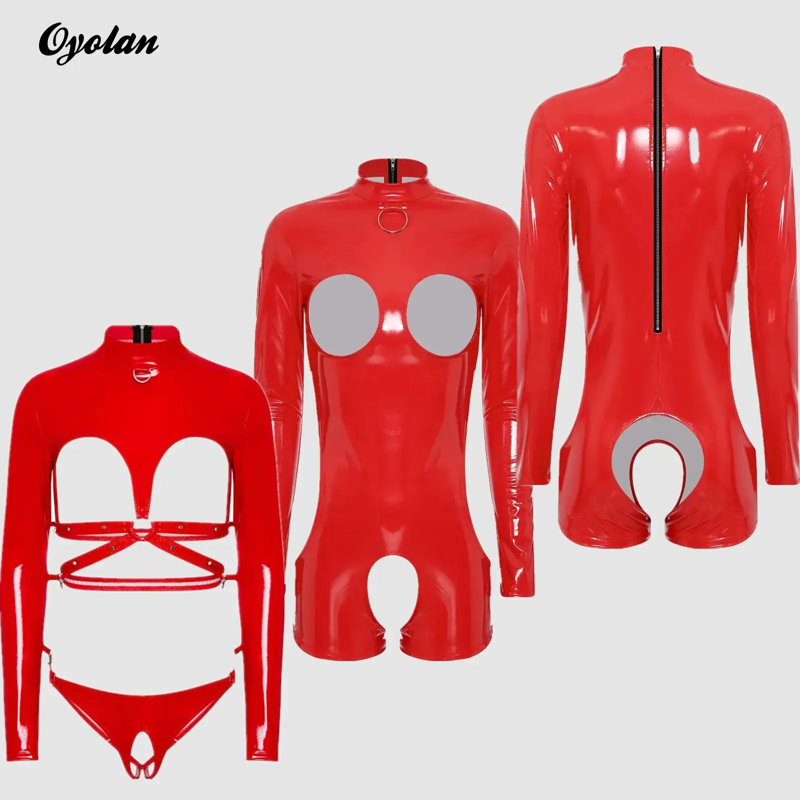 

Womens Lingerie Bare Breast Exposed Bodysuit Open Crotch Thighs Rompers O-ring Open Chest Back Zip Jumpsuit Wetlook Clubwear